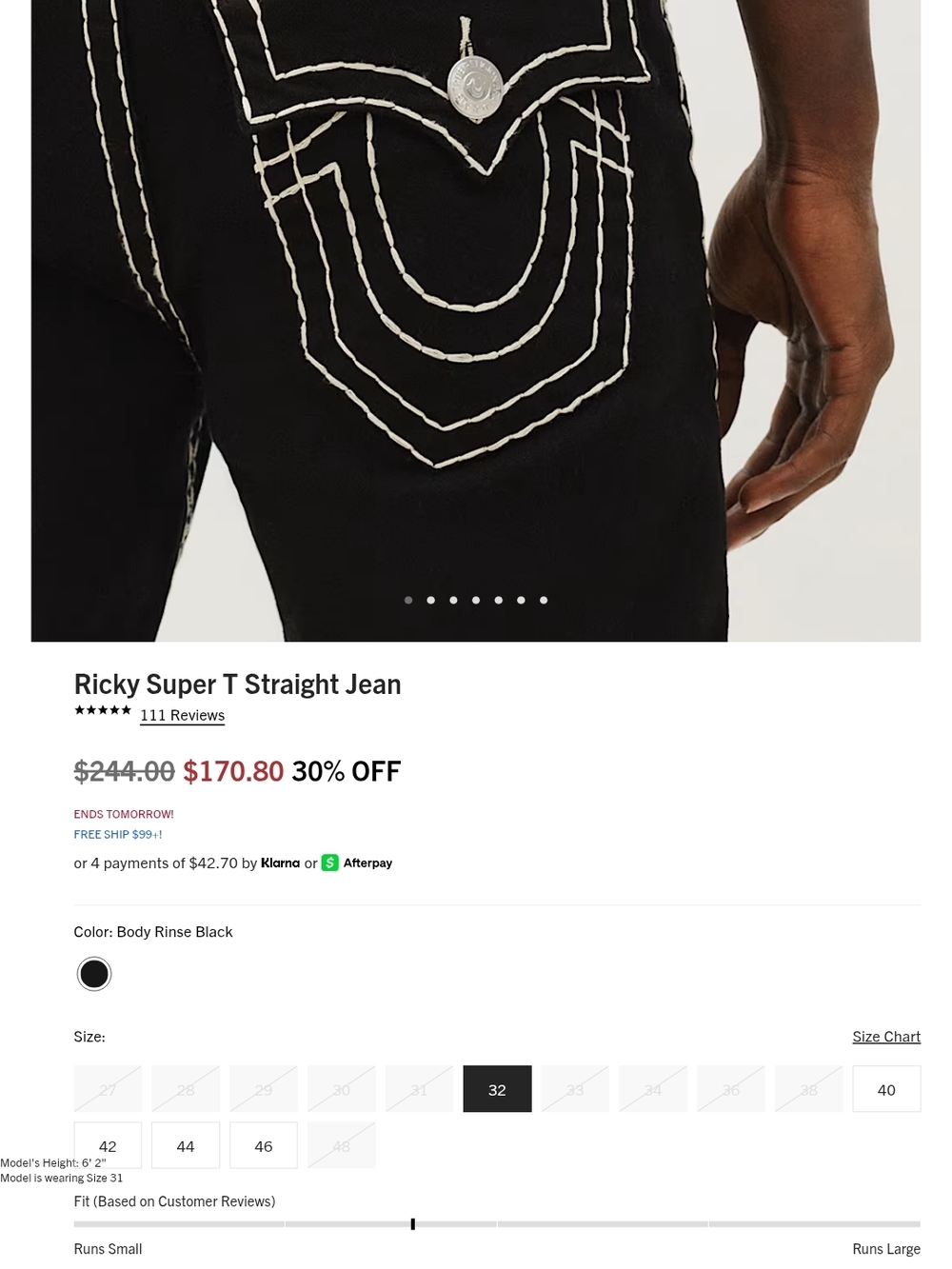 $244 True Religion Ricky Super T Straight Jeans in Black with White Stitching 33